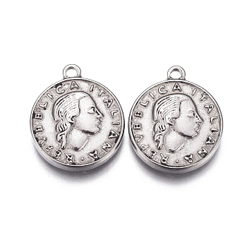 304 Stainless Steel Coin Pendants, Repvbblica Italiana, Stainless Steel Color, 18x15x3mm, Hole: 1.8mm