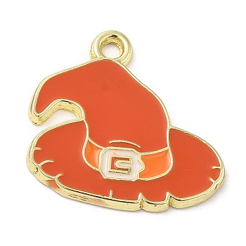 Halloween Alloy Enamel Pendants, Golden, Witch Hat Charm, Coral, 19x20x1.5mm, Hole: 1.8mm