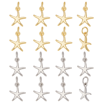 16Pcs 2 Colors Brass Charms, Starfish, with Jump Ring, Cadmium Free & Lead Free, Mixed Color, 12x10.5x2mm, Hole: 3mm, 8pcs/color