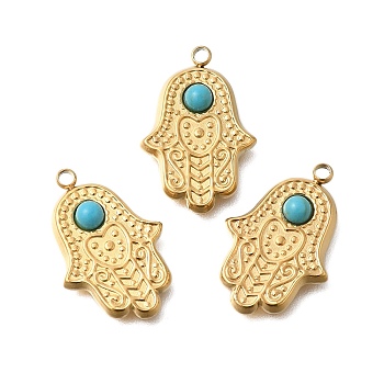 PVD Vacuum Plating 201 Stainless Steel Pendants, with Natural Turquoise, Hamsa Hand, Real 18K Gold Plated, 20x13.5x3.5mm, Hole: 1.6mm