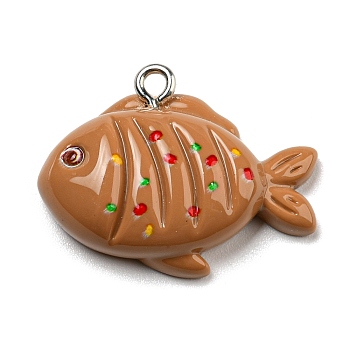 Opaque Resin Imitation Food Pendants, Kebab Fish Charms with Platinum Tone Iron Loops, Camel, 20x27x7mm, Hole: 1.8mm