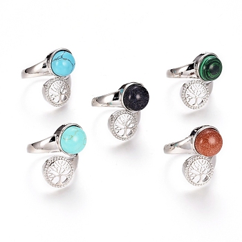Mixed Gemstone Rings, with Brass Findings, Flat Round with Tree of Life, US Size 7 1/4(17.5mm)