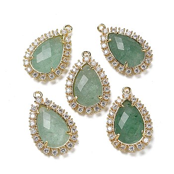 Natural Green Strawberry Quartz Faceted Teardrop Pendants, Rack Plating Brass Micro Pave Clear Cubic Zirconia Drop Charms, Golden, 25x16.5x5.5mm, Hole: 1.4mm