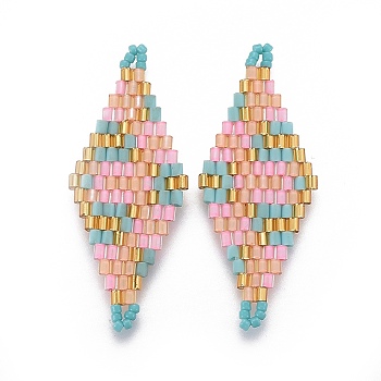 MIYUKI & TOHO Handmade Japanese Seed Beads Links, Loom Pattern, Rhombus, Pink, 40~41.5x16~16.7x1.7~1.8mm, Hole: 1.4~1.5mm