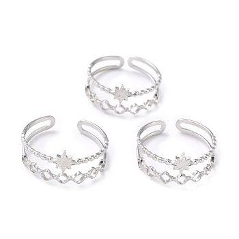 304 Stainless Steel Finger Rings, Cuff Rings, Long-Lasting Plated, Star, Stainless Steel Color, US Size 8 1/2(18.5mm), 4~9.5mm