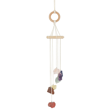 Ring Wind Chimes, with Natural Mixed Gemstone Nuggets Beads and Wood, for Home, Car Decoration, 490mm