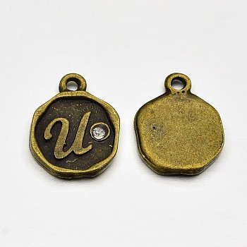 Antique Bronze Plated Alloy Rhinestone Charms, Flat Round with Letter.U, Nickel Free, 13x10x1.5mm, Hole: 1mm