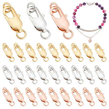 Elite 30Pcs 3 Colors Zinc Alloy Lobster Claw Clasps, with Jump Rings, Mixed Color, 12x5.5x2.5mm, Hole: 2.6mm, 10pcs/color