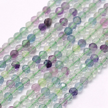 Natural Fluorite Beads Strands, Faceted, Round, 3~3.5x2.5~3mm, Hole: 0.3mm, about 114~141pcs/strand, 15.1~16.4 inch(38.4~41.8cm)
