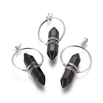 Natural Obsidian Wire Wrapped Pointed Big Pendants, Double Terminated Pointed, with Brass Findings, Bullet, Platinum, 53~55x30~32x11.5mm, Hole: 7.5x4mm