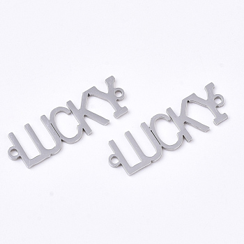 201 Stainless Steel Links connectors, Laser Cut Links, Word Lucky, Stainless Steel Color, 29x9x1mm, Hole: 1.5mm