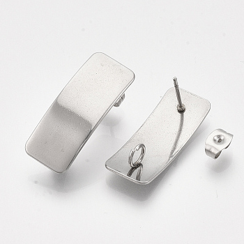 304 Stainless Steel Stud Earring Findings, with Loop and Ear Nuts/Earring Backs, Rectangle, Stainless Steel Color, 26.5x10mm, Hole: 3mm, Pin: 0.7mm