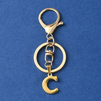304 Stainless Steel Initial Letter Charm Keychains, with Alloy Clasp, Golden, Letter C, 8.5cm