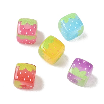 Printed Acrylic European Beads, Large Hole Beads, Cube with Strawberry, Mixed Color, 14x14x14mm, Hole: 4.5mm