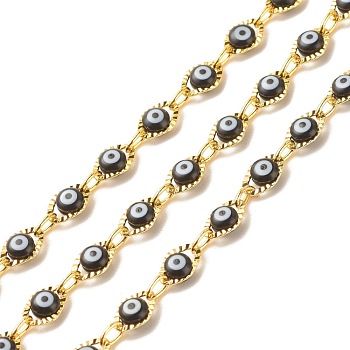 Brass Oval Link Chains, with Glass Evil Eye Beaded, Long-Lasting Plated, Soldered, with Spool, Golden, Black, 10x6x3.5mm, 5.5x4x1mm