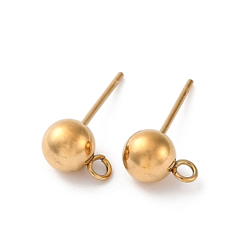 202 Stainless Steel Ball Stud Earring Findings, with 304 Stainless Steel Pins and Loop, Round, Real 18K Gold Plated, 6mm, Pin: 0.8mm