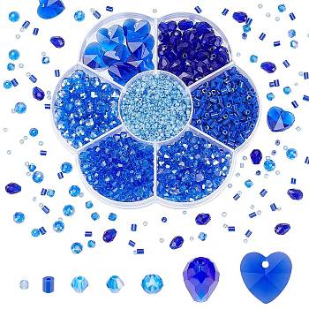 PandaHall Elite 1630Pcs Glass Bugle & Seed Beads, 200Pcs Imitation Austrian Crystal Beads, 12Pcs Glass Charms, Blue, Beads: 2~8x2.5~6mm, Hole: 1mm