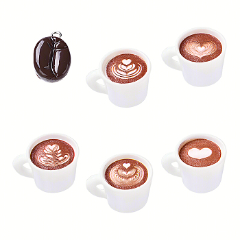 12Pcs 6 Styles Resin Pendants, Coffee Bean/Coffee Cup, Mixed Color, 17~20x13~22x6~13.5mm, Hole: 2~4.5mm, 2pcs/style

