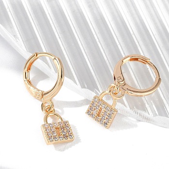 Brass Micro Pave Clear Cubic Zirconia Leverback Earrings, Rack Plating, Long-Lasting Plated, Lead Free & Cadmium Free, Lock, Golden, 23.5x7mm