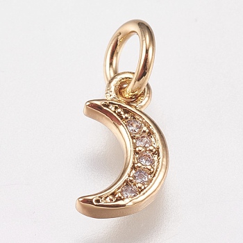 Brass Micro Pave Cubic Zirconia Charms, Moon, Golden, 9x5x1mm, Hole: 3.5mm