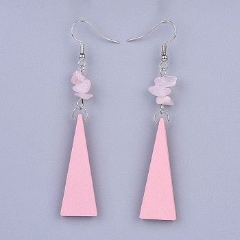 Pear Wood Dangle Earring, with Natural Rose Quartz Chip Beads and Brass Earring Hooks, Triangle, Platinum, 78mm, Pin: 0.7mm