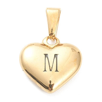 304 Stainless Steel Pendants, Heart with Black Letter, Golden, Letter.M, 16x16x4.5mm, Hole: 7x3mm
