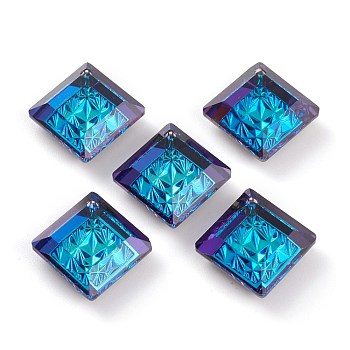 Embossed Glass Rhinestone Pendants, Abnormity Embossed Style, Rhombus, Faceted, Bermuda Blue, 19x19x5mm, Hole: 1.2mm, Diagonal Length: 19mm, Side Length: 14mm