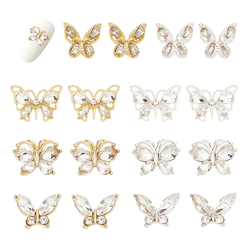 24Pcs 8 Style Alloy Rhinestone Cabochons, Nail Art Decoration Accessories for Women, Butterfly, Mixed Color, 8~10.8x10~15x2.6~4mm, 3pcs/style