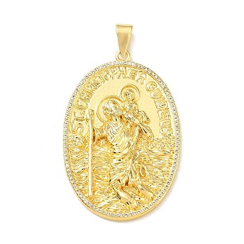 Religion Brass Micro Pave Clear Cubic Zirconia Big Pendants, Oval with St. Christopher Charms, Rack Plating, Long-Lasting Plated, Cadmium Free & Lead Free, Real 18K Gold Plated, 53x35x6mm, Hole: 9x5mm