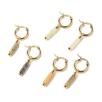 Natural Jade Column Drop Earrings for Women, Golden Huggie Hoop Earrings, 37mm, Pin: 0.7mm