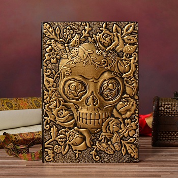 3D Embossed PU Leather Notebook, A5 Halloween Skull Pattern Journal, for School Office Supplies, Antique Bronze, 215x145mm