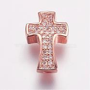 Brass Micro Pave Cubic Zirconia Beads, Cross, Rose Gold, 14x9x4mm, Hole: 1.5mm(ZIRC-G087-28RG)