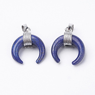 Natural Lapis Lazuli Pendants, with Brass Findings, Double Horn/Crescent Moon, Platinum, 22~23x19~20x9mm, Hole: 5x7mm(G-E425-03P)