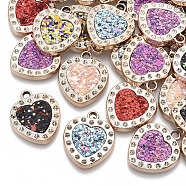 UV Plating Acrylic Pendant Rhinestone Settings, with Imitation Leather inlaid Glitter Sequins/Paillette, Light Gold, Heart, Mixed Color, Fit for 1.5mm Rhinestone, 25.5x21.5x3mm, Hole: 2.5mm(X-PACR-R245-12)