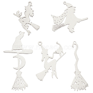 10Pcs 5 Style Halloween 201 Stainless Steel Big Pendants, Laser Cut, Witch Hat with Witch Broom, Stainless Steel Color, 31~57x27~35x1~1.5mm, Hole: 1.4~2mm, 2pcs/style(STAS-SC0005-17)