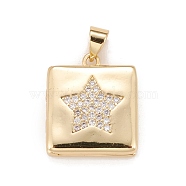 Brass Micro Pave Cubic Zirconia Locket Pendants, Photo Frame Charms for Necklaces, Real 18K Gold Plated, Lead Free & Cadmium Free, Square with Star, Clear, 19x16x4.5mm, Hole: 4x3mm, Inner Diameter: 11x11mm(KK-A161-36A-G)