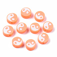Handmade Polymer Clay Beads, Flat Round with Yin Yang, Coral, 9~10x9~10x4~7mm, Hole: 2mm(CLAY-T016-65C)
