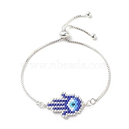 Glass Seed Braided Hamsa Hand with Evil Eye Link Slider Bracelet, Silver Brass Adjustable Bracelet for Women, Dark Blue, Inner Diameter: 2-3/4 inch(7cm)(BJEW-MZ00003)