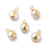 Natural Pearl Charms, with Brass Loops, Flat Round, Light Gold, 10~12x7~9x5~8mm, Hole: 1.8mm(PEAR-P004-46KCG)