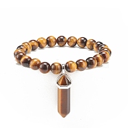 Natural Tiger Eye Round Beaded Stretch Bracelet with Bullet Shape Charm, Gemstone Jewelry for Women, Inner Diameter: 2-1/8 inch(5.4cm)(BJEW-JB08310-02)