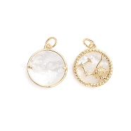 Brass Micro Pave Cubic Zirconia Pendants, with Natural Shell and Jump Ring, Flat Round with Twelve Constellations, Golden, Capricorn, 17.5x15x2.5mm, Hole: 3.5mm(ZIRC-E164-36A-G)