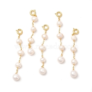 Brass Natural Pearl Beads Spring Ring Clasp Charms, Round, Real 14K Gold Plated, 62x7x6.5mm(KK-I697-13G)