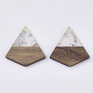 Transparent Resin & Walnut Wood Pendants, with Silver Foil, Waxed, Kite, Silver, 28x26x3.5mm, Hole: 1.8mm(X-RESI-S367-16-A02)