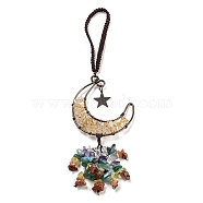 Wire Wrapped Brass Moon & Natural Citrine Pendant Decoration, Braided Nylon Thread and Gemstone Chip Tassel Hanging Ornaments, 175~180mm(HJEW-C006-02A)
