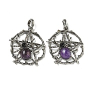 Natural Amethyst Pendants, Alloy Pentagram with Spider Charms, Antique Silver, 44.5x39x7mm, Hole: 7.5x6.5mm(G-P547-05AS-06)