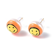 Natural Shell Smiling Face Stud Earrings with Enamel, Real 18K Gold Plated Brass Jewelry for Women, Dark Orange, 15mm, Pin: 0.8mm(EJEW-G334-04B)