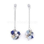 Chip Natural Lapis Lazuli, Citrine & Aquamarine Dangle Stud Earrings, with Grade A Pearl Beads and Cubic Zirconia, 316 Surgical Stainless Steel Venice Chains, Brass Ball Head Pins, with Cardboard Jewelry Boxes, 66mm, Pin: 0.7mm(X-EJEW-JE03227-04)