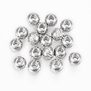 304 Stainless Steel Beads, Round with Twill, Stainless Steel Color, 4x3mm, Hole: 1.2mm(STAS-G154-36-4mm)