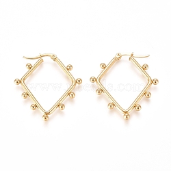 304 Stainless Steel Angular Hoop Earrings, Hypoallergenic Earrings, with Round Beads, Rhombus, Golden, 36.5x31.8x3mm, Pin: 0.5x0.9mm(EJEW-E258-02G)