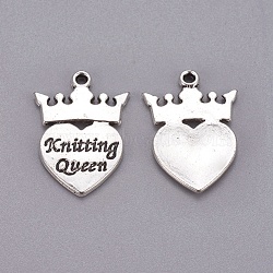 Tibetan Style Crown with Heart Carved Word Knitting Queen Alloy Pendants, Cadmium Free & Lead Free, Antique Silver, 25.5x17x1.5mm, Hole: 1.5mm(LF10473Y)